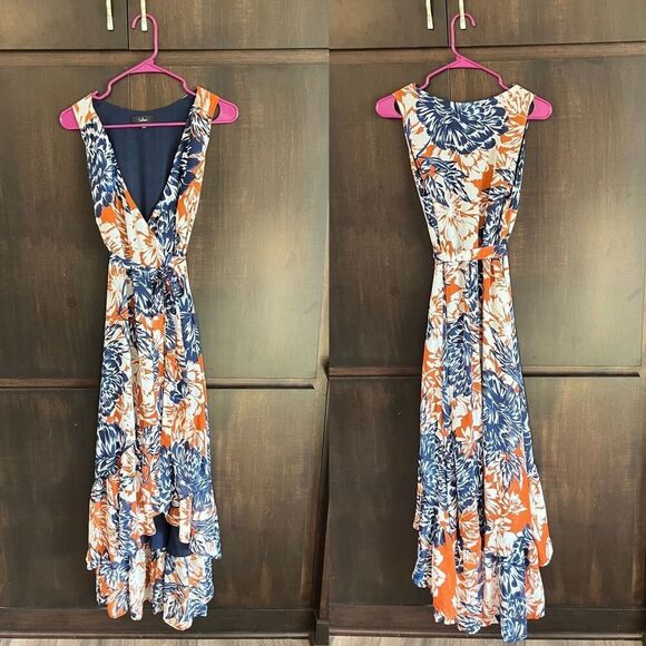 Lulus Summer's End Rust Orange Floral Print High-Low Maxi Wrap Dress Medium - Picture 2 of 4